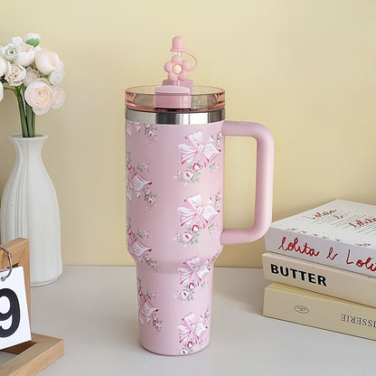 40oz Floral Handled Tumbler with Straw Lid in White, Pink, Blue or Pink Butterfly Checkout Designs