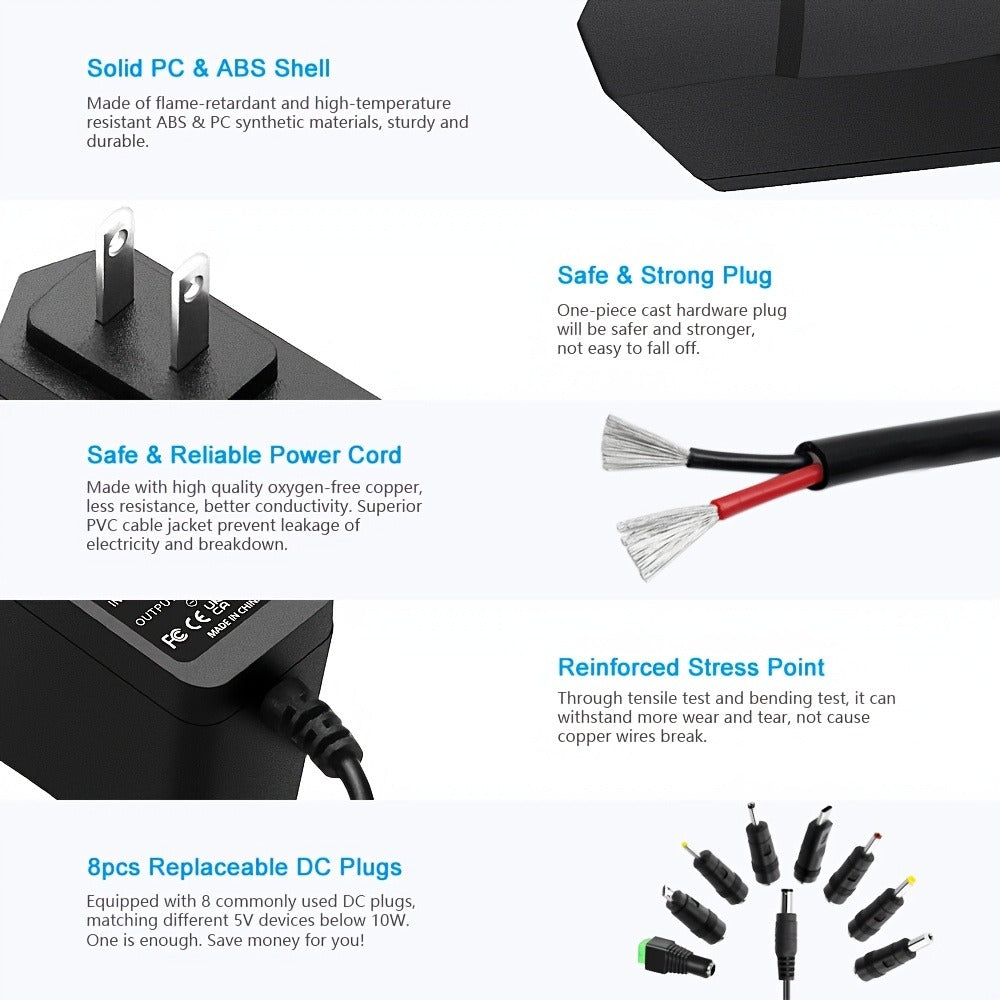 Fixed 5V 2A 10W AC/DC Power Adapter with Eight Tips, Type-C, Micro-USB and Barrel Connectors