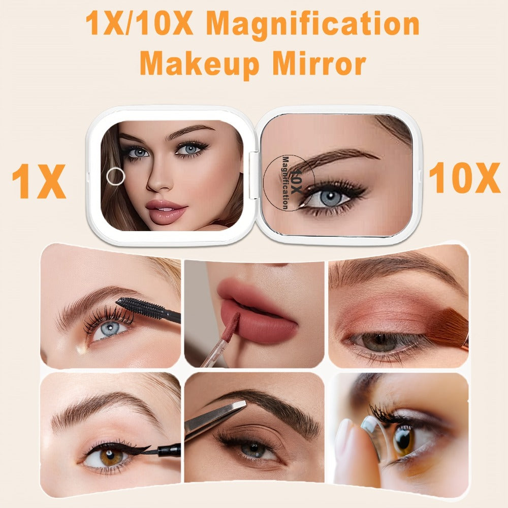 Compact Makeup Mirror with Light 10X Magnification, Rechargeable LED Pocket Mirror 3 Color Modes Adjustable Brightness 2-Sided Folding Purse Mirror for Women Travel Daily Use, Beauty Gift for Mom