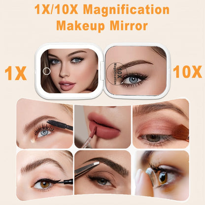 Compact Makeup Mirror with Light 10X Magnification, Rechargeable LED Pocket Mirror 3 Color Modes Adjustable Brightness 2-Sided Folding Purse Mirror for Women Travel Daily Use, Beauty Gift for Mom