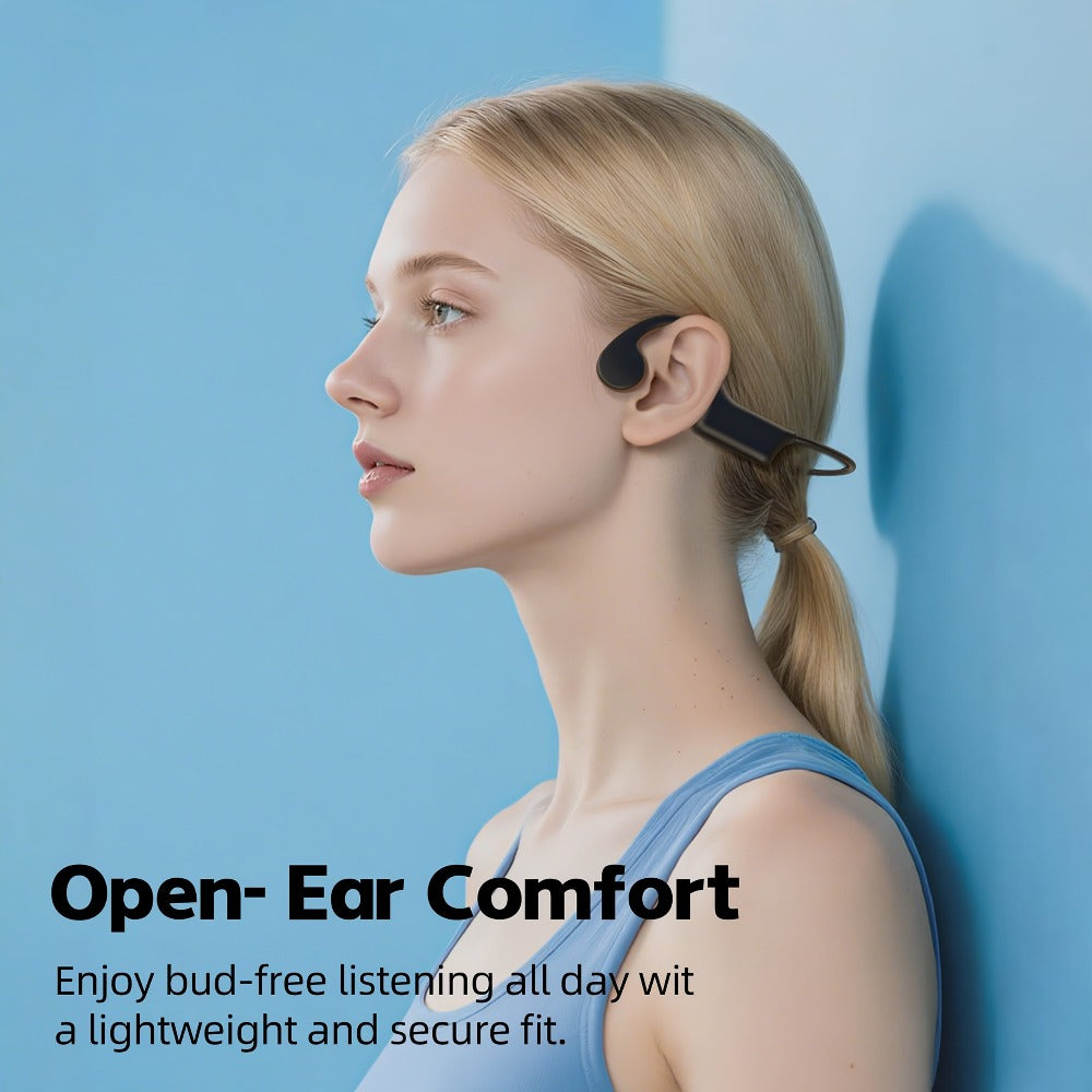 Black Open-Ear Wireless Sports Headset with Behind-the-Neck Band and Single Checkout Option