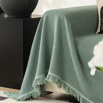 Sofa Cover 71-Inch Herringbone Jacquard Woven Throw with Tassel Fringe in Grey, Coffee, Green or Blue