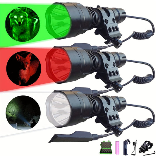 Flashlight Red, Green or White Hunting Light with Remote Switch, 18650 Battery and Mount Options