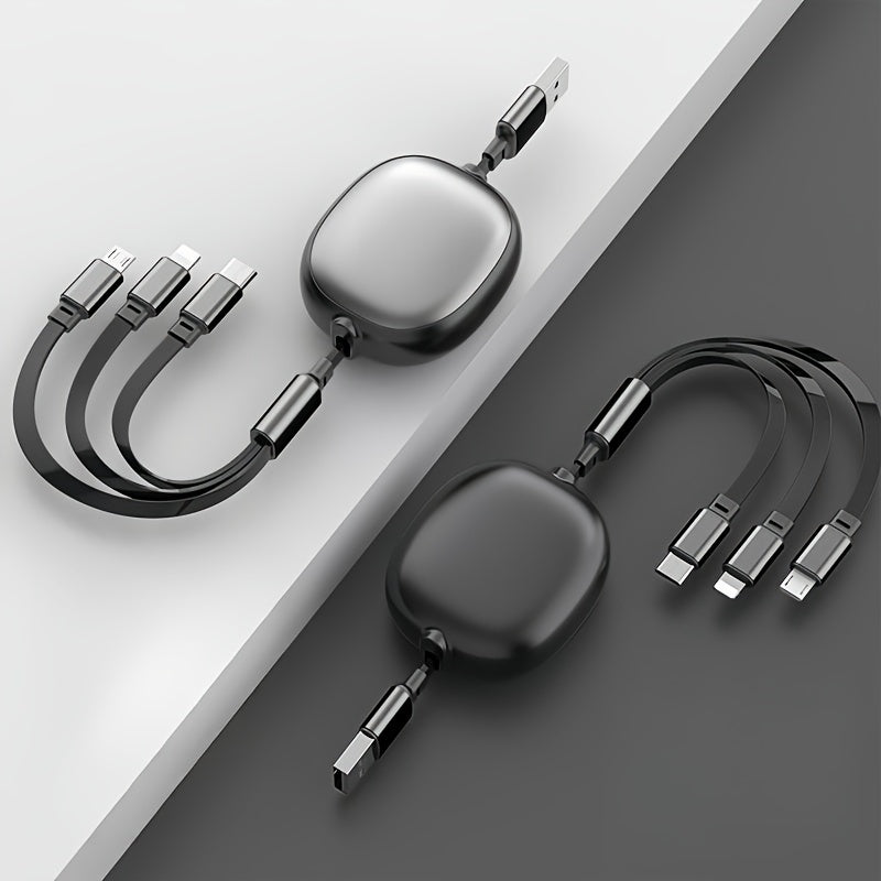 1.2m Retractable Charging Cable with Type-C, Micro USB and Lightning Ends in Six Color Options
