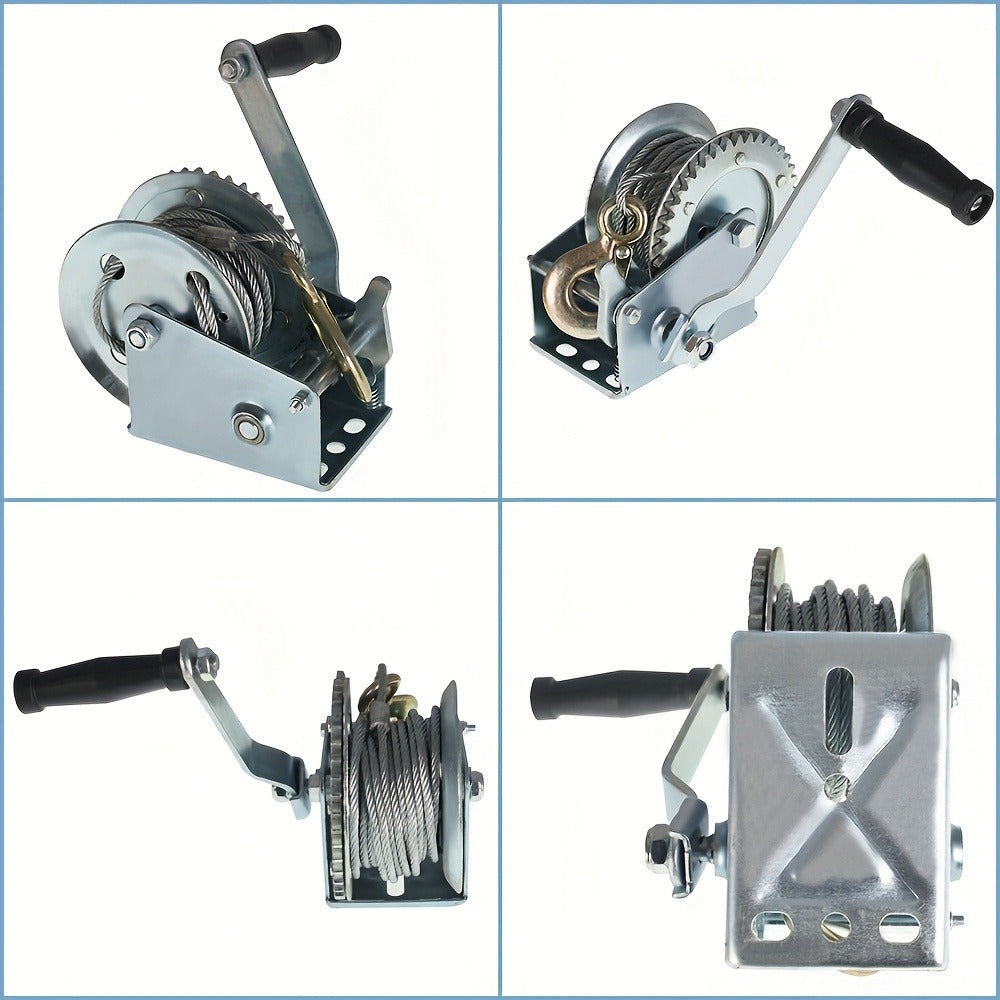 Manual Hand Winch Heavy Duty Carbon Steel 800-1600 lbs - Double Brake Safety System, Strap Winch with Mooring Hook & Safety Pawl, for Boat, ATV, Trailer, Farm, Garage & Industrial Pulling Tasks