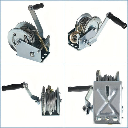 Manual Hand Winch Heavy Duty Carbon Steel 800-1600 lbs - Double Brake Safety System, Strap Winch with Mooring Hook & Safety Pawl, for Boat, ATV, Trailer, Farm, Garage & Industrial Pulling Tasks