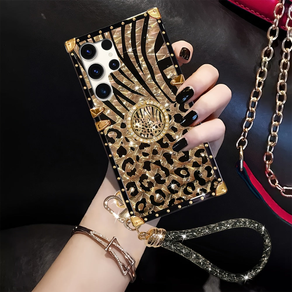 Leopard-Print Samsung Galaxy Phone Case with Ring Holder for Selected S22, S24 and S25 Models