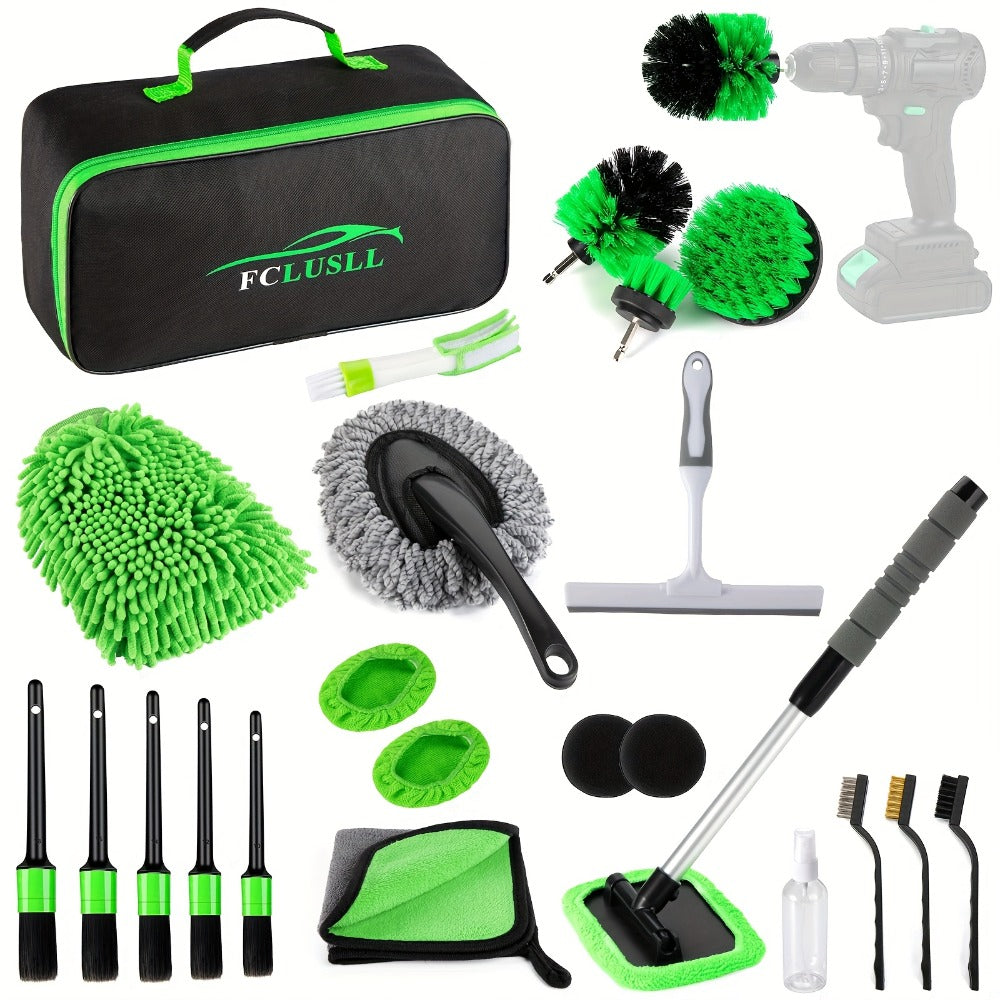 Car Cleaning Kit with Portable Vacuum Cleaner – 17/24/29/32/35pcs Interior Detailing Set with Windshield Cleaner, Drill Brush Set & Interior Brush Set – Complete Auto Care Kit