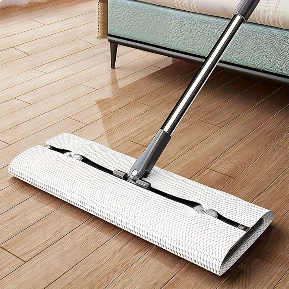 Flat Floor Mop and Double-Compartment Bucket Set with 40 cm Head, Stainless Steel Rod and Two Pads