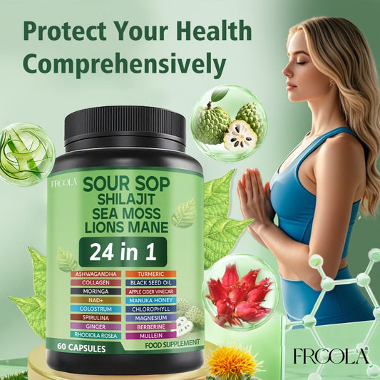 Soursop Graviola Supplement Capsules 24-in-1 with Sea Moss, Shilajit, Lion’s Mane, Vitamin D3, Black Seed Oil, Turmeric & Chlorophyll – Immune, Liver & Whole Body Wellness Gluten-Free Formula