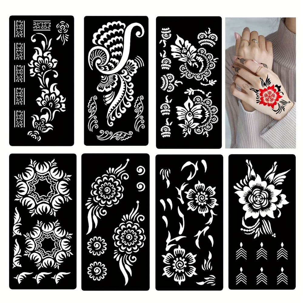 Seven-Piece Floral Tattoo Stencil Set with Paisley and Henna-Style Designs in SM031 or SM032