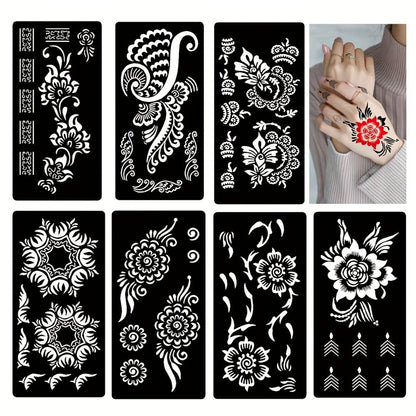 Seven-Piece Floral Tattoo Stencil Set with Paisley and Henna-Style Designs in SM031 or SM032