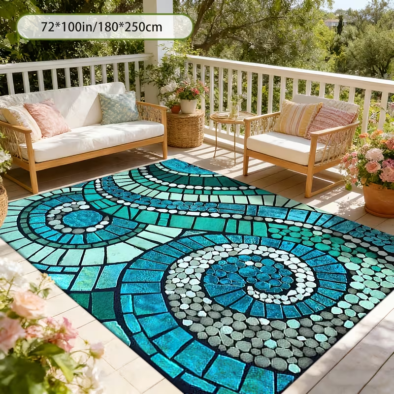 Blue Spiral Mosaic-Pattern Outdoor Rug in Five Displayed Sizes from 32 x 48 to 80 x 120 Inches