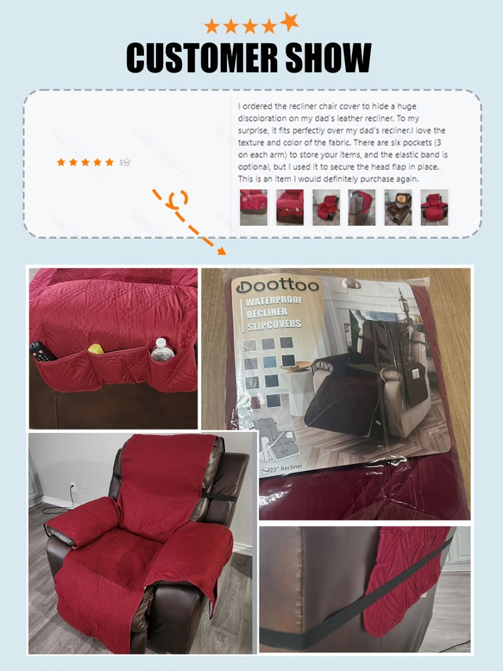 Chair Cover Quilted Recliner Throw with Side Pocket, Elastic Straps and Buckle in Ten Colors