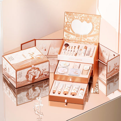 Rose-Gold Makeup Gift Box with Four-Pan Face Palette, Eyeshadow Palette, Lip and Eye Products and Makeup Brushes