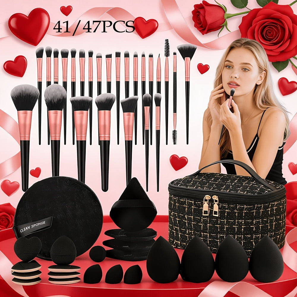 Makeup Brush Set, 41- or 47-Piece Synthetic Bristle Collection with Face Brushes, Eye Brushes, Sponges and Storage Bag