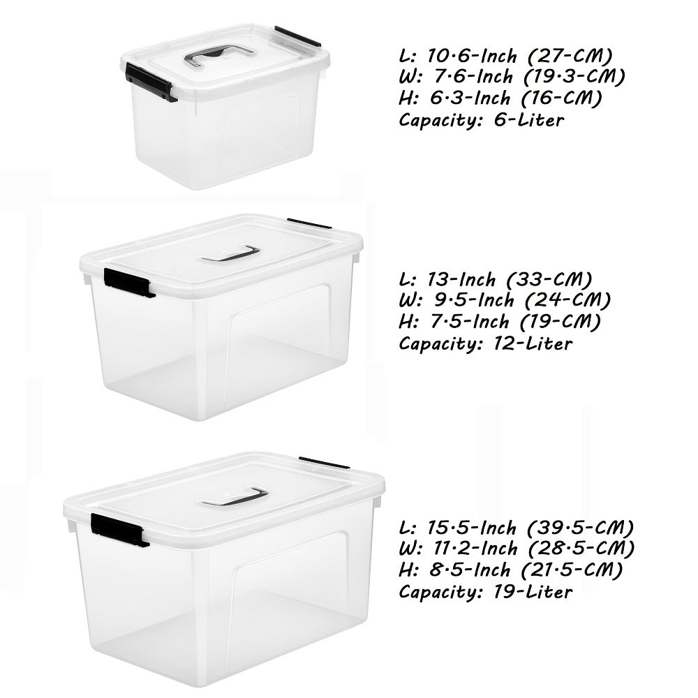 Six-Pack Clear 5.5-Liter Storage Bins with Lids, Latch Handles and Stackable Rectangular Design