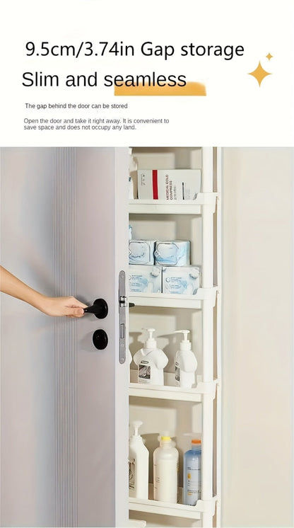 Behind Door Storage Rack, Multi-Layer Slim Organizer for Bathroom & Kitchen, Space Saving Over Door Shelf, Narrow Cabinet Rack with Fixed Hook, Plastic Stackable Storage
