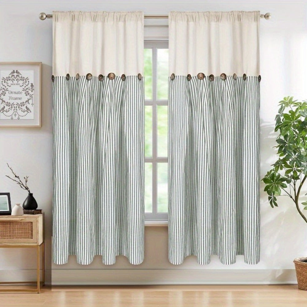Striped Patchwork Window Curtain Set with Rod-Pocket Top, Six Colors and Five Panel-Count or Size Options