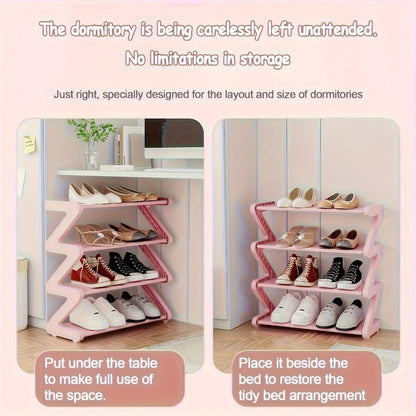 Four-Tier Z-Frame Shoe Rack with Metal Tubes in Graphite Black, Dawn Pink, Gray or Breeze Blue