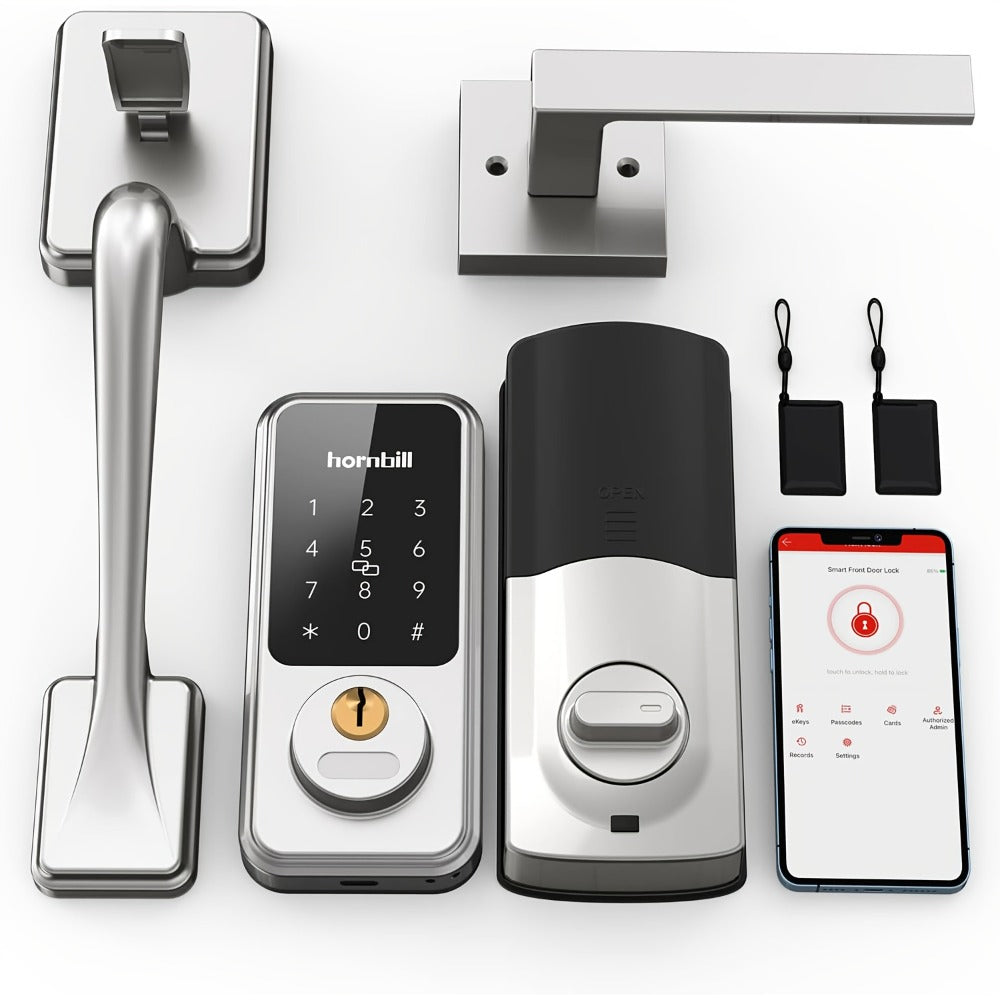 Hornbill Smart Door Lock Set with Handle - Alexa Compatible Keypad Deadbolt, Bluetooth App, Keyfob & Auto-Lock, Complete Keyless Entry Front Door Upgrade, Matte Black & Silver