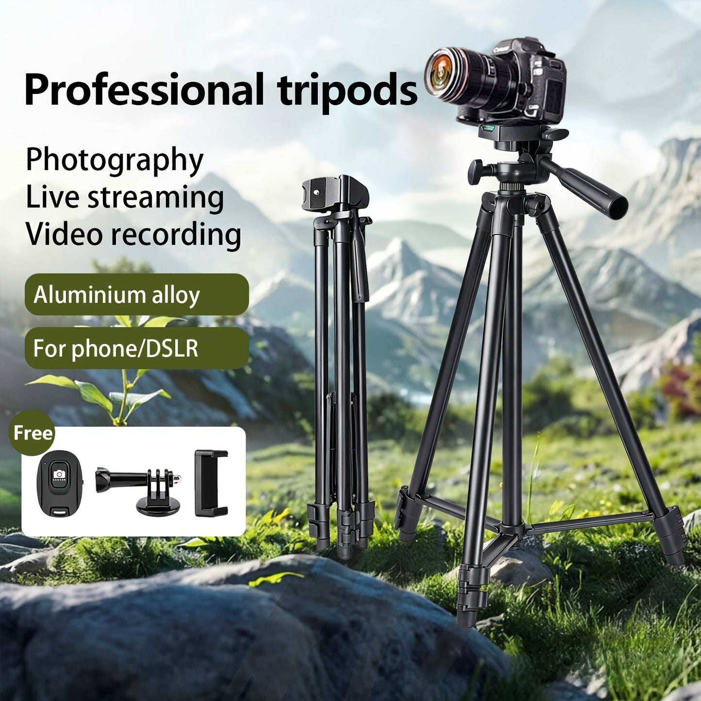 50-Inch Aluminum Camera Tripod with Pan-and-Tilt Head, Quick-Release Plate, Phone Clip and Carrying Bag in Black
