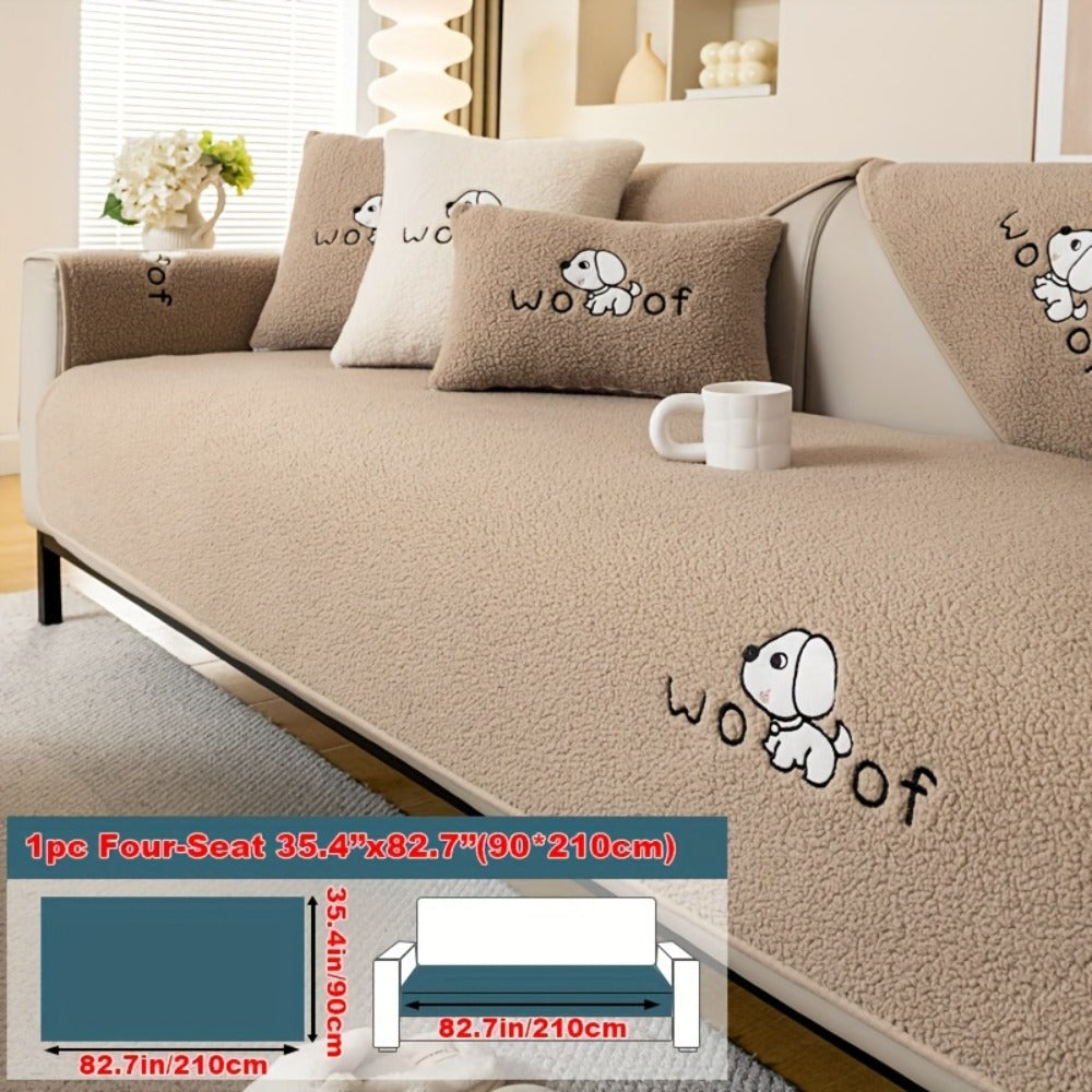 Sofa Cover Embroidered Plush-Texture Panels for Single to 4 Seats, Backrest, Armrest or Pillowcase