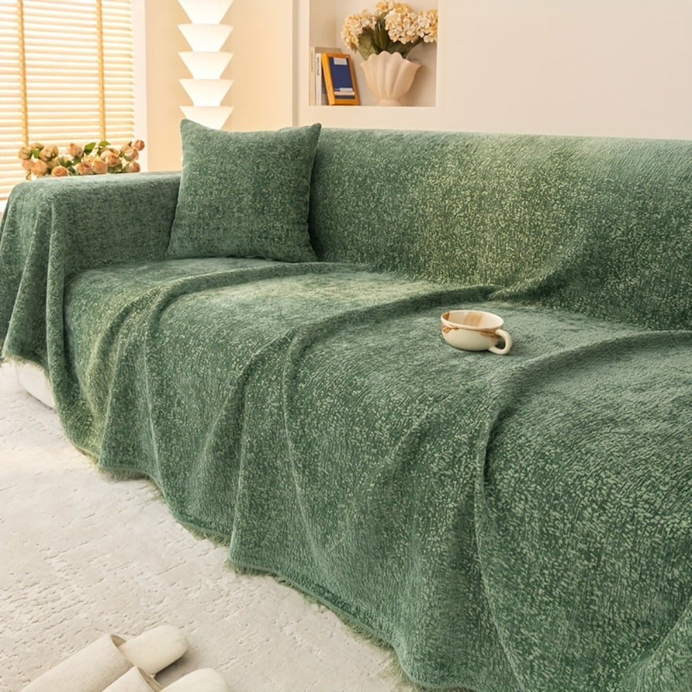 Sofa Cover 300 GSM Solid Chenille Throw with Fringe in Four Colors and Sizes from Single Seat to 71 x 150 Inches