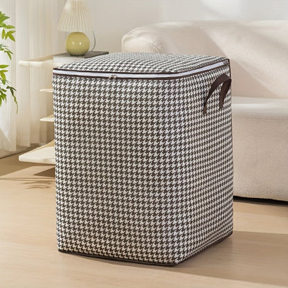 Large 160 L Houndstooth Fabric Storage Bag with Double Zippers, Carry Handles and Foldable Square Shape