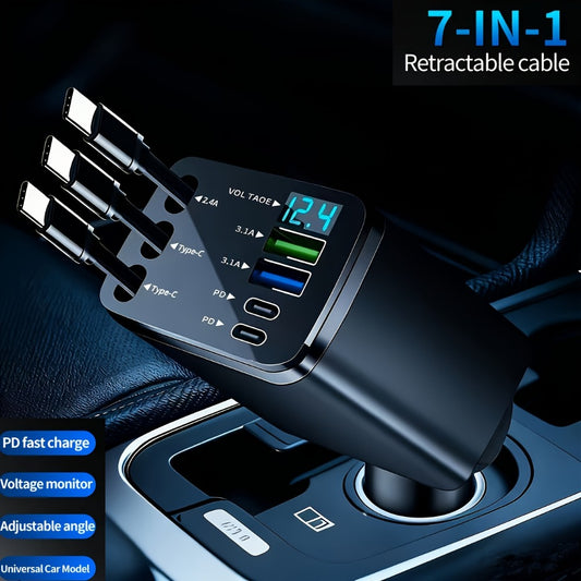 7-in-1 Car Fast Charger with 3 Retractable Cables, LED Digital Display, 180° Adjustable Arm, Universal Plug – Multi-Port USB Car Phone Charger for iPhone Android
