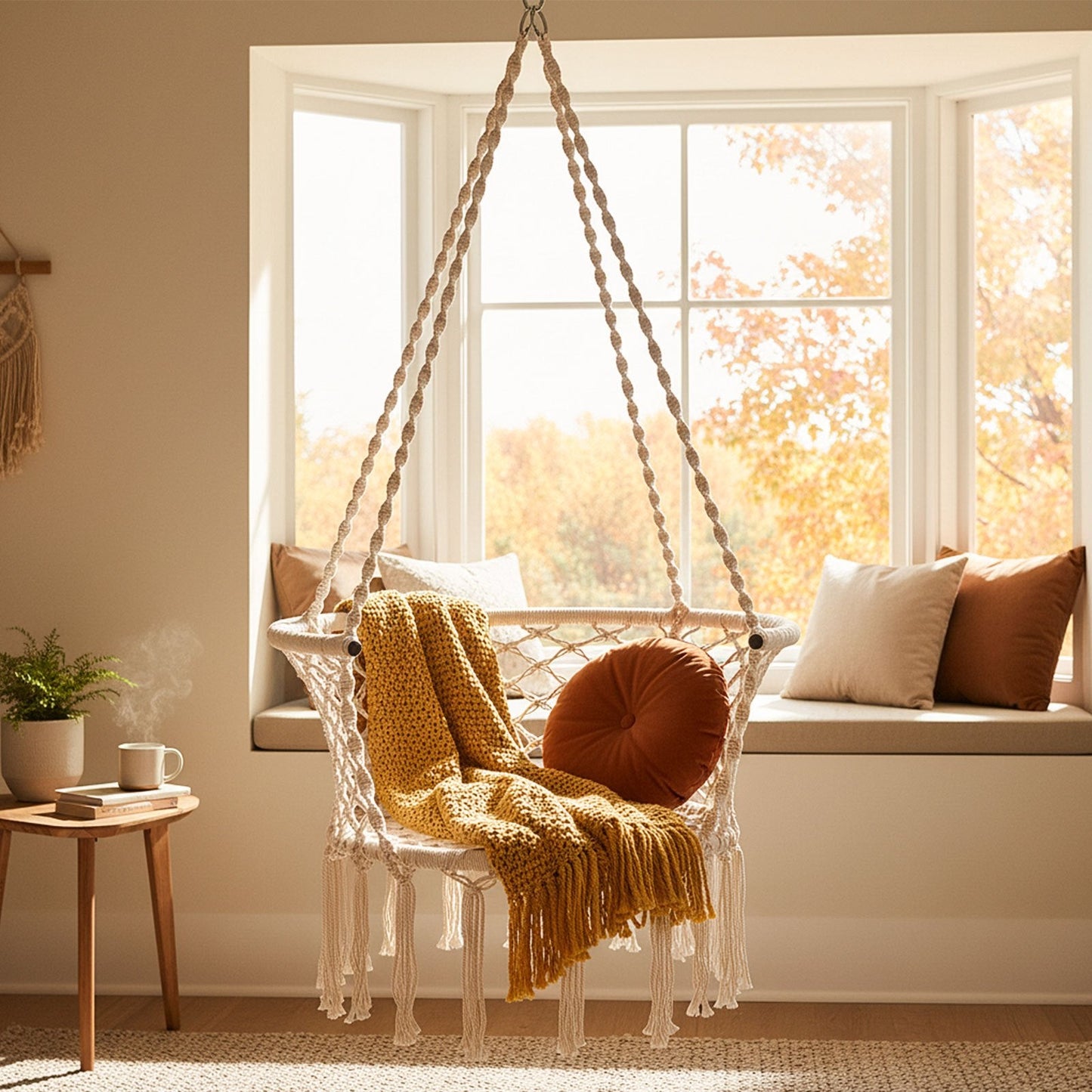 Beige Macrame Hammock Chair with Cotton Rope, Metal Frame and 31.5 x 26-Inch Hanging Seat Design