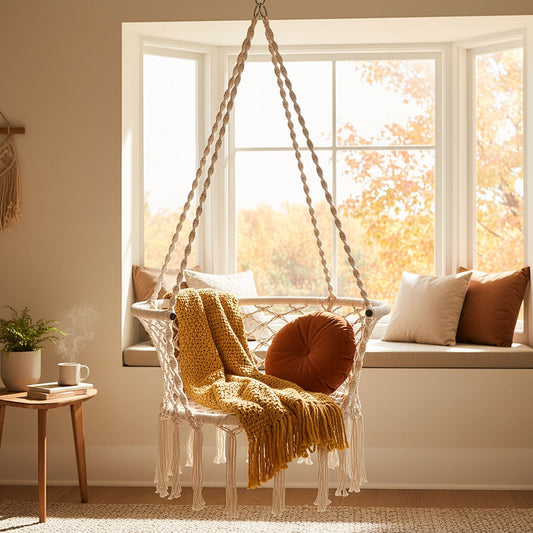 Macrame Hammock Chair – Knitted Boho Swing Chair with Cotton Rope, 350 lbs Capacity, Hanging Chair for Indoor Outdoor Bedroom Patio Balcony Garden