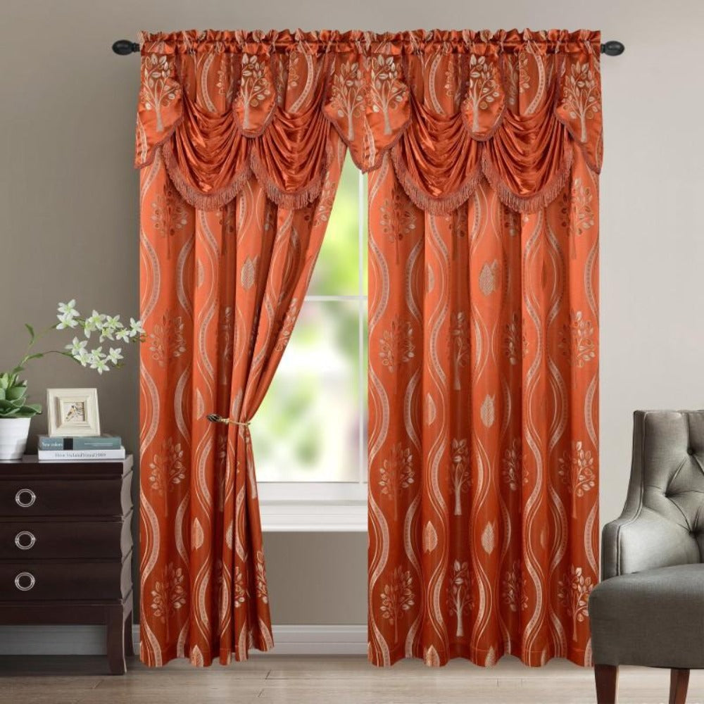 Two-Panel Jacquard Window Curtain Set with Attached Waterfall-Style Valance, 54 x 84-Inch Size and Four Colors