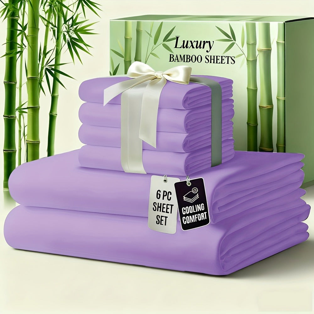 Bed Sheet Set 6-Piece Bamboo-Viscose Microfiber Blend with Twill Weave and 40–44 cm Pocket