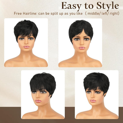 Short Fairy Pixie Human Hair Wig in 1B Black with 4-Inch Length and Full Machine-Made Cap Design