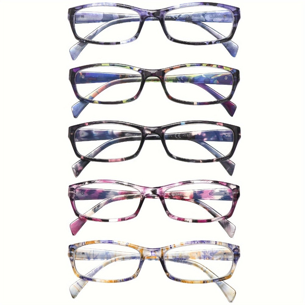 Reading Glasses – Five-Pair Rectangular Blue-Light Lens Set with Spring Hinges and Mixed Colors