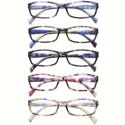 Reading Glasses – Five-Pair Rectangular Blue-Light Lens Set with Spring Hinges and Mixed Colors