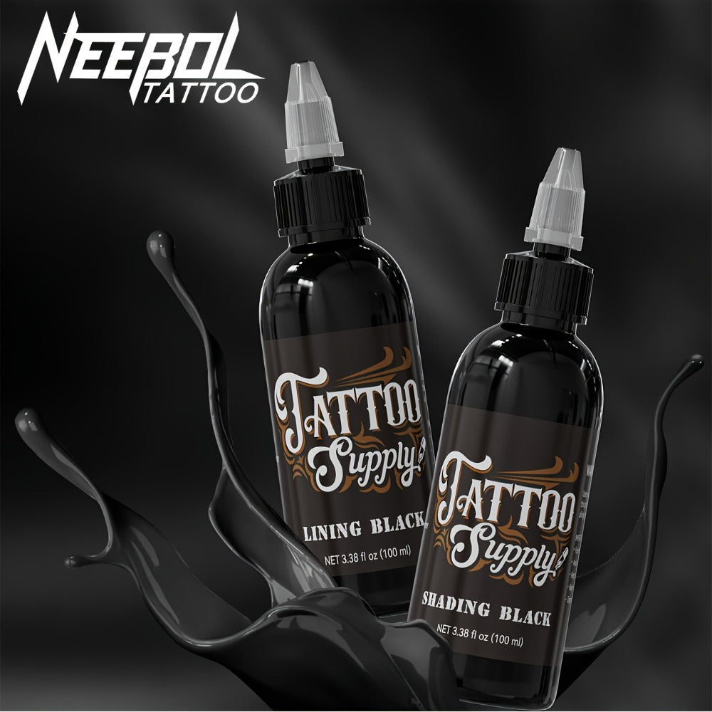 Neebol Tattoo Ink Professional Black Lining & Shading Set — Waterproof Long-Lasting Outlining Blending Body Art Ink for Artists & Beginners, 100ml & 250ml Sizes Available