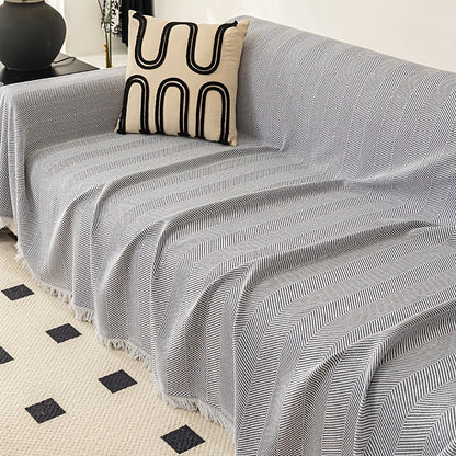 Sofa Cover 71-Inch Herringbone Jacquard Woven Throw with Tassel Fringe in Grey, Coffee, Green or Blue