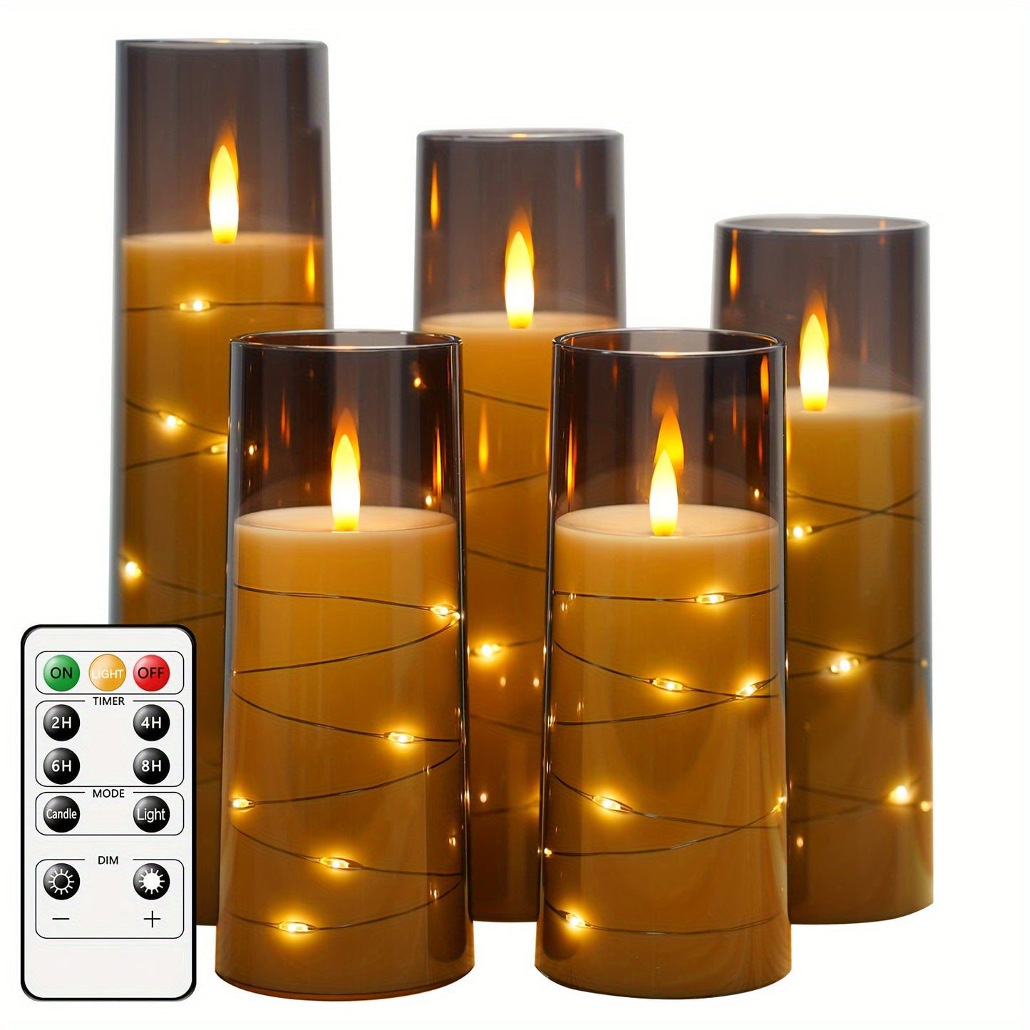 Flameless LED Candles with Remote Control Timer and Star String Lights Set of 5 or 7 Pillar Candles for Wedding Garden Home Decor Anniversary Gift Grey Ivory Gold Red
