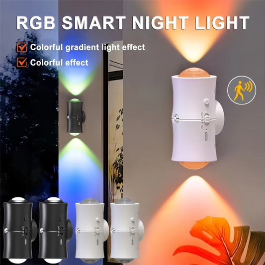 RGB Motion Sensor LED Wall Light – Rechargeable Magnetic Night Light with Color Changing Gradient Ambient Lighting, Battery Operated, 2 Pack & 4 Pack, Black & White
