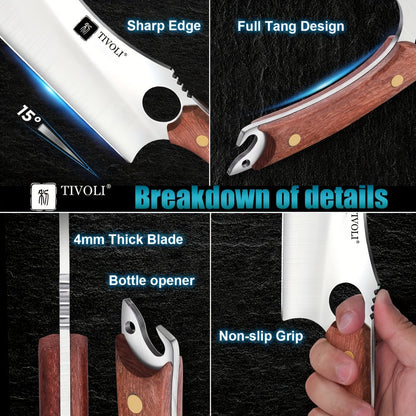 Full-Tang Meat Cleaver with High-Carbon Steel Blade, Wood-Look Handle, Brown Sheath and Presentation Box