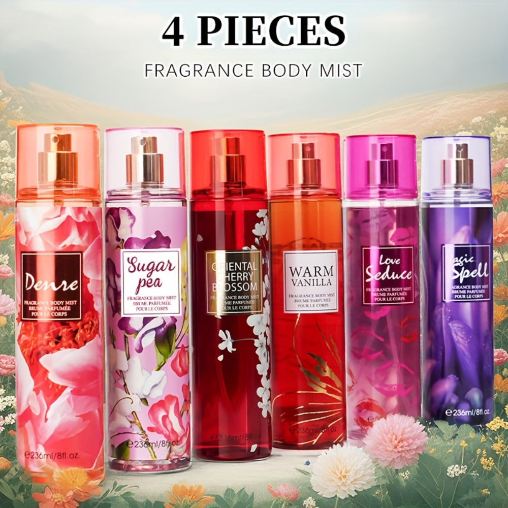 Body Spray for Women 4-Pack 8.4oz Each Hair Body Fragrance Mist Set 20 Floral Fruity Scents Daily Use Gift Value Bundle 250ml Per Bottle