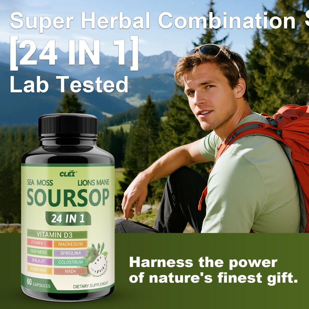 Herbal Supplement with CLEI Label, Soursop Graviola 24-in-1 Capsules, 60 Count, One or Two Bottles