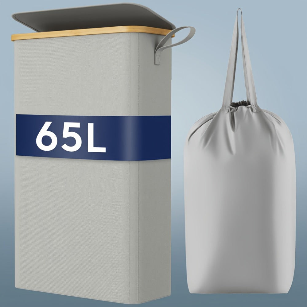 Slim Laundry Hamper with Lid & Removable Bag – Foldable Narrow Clothes Basket with Bamboo Handles for Bathroom, Bedroom & Dorm – 50L / 65L / 75L Space-Saving Collapsible Laundry Bin