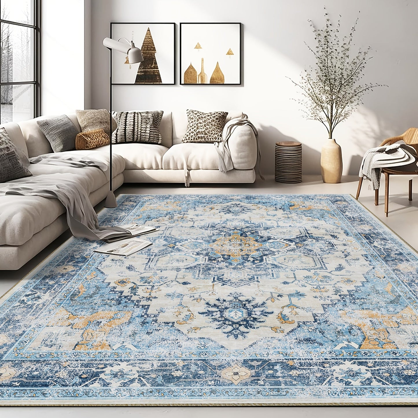 Moroccan and Boho Low-Pile Area Rug in Four Patterns with 59 x 82.6-Inch to 106.2 x 141.7-Inch Sizes
