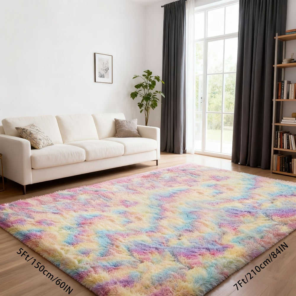 Area Rug Rainbow Tie-Dye Shag with Four Machine-Washable Sizes for Bedroom, Living Room or Office