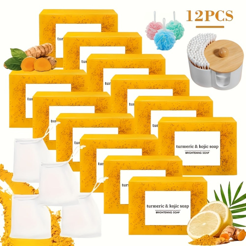 Turmeric Kojic Acid Brightening Soap Handmade Lemon Cold Process Deep Cleansing Hydrating Bar for Face & Body All Skin Types – Bundle Sets with Liquid Soap & Face Wash, Skincare Gift for Women