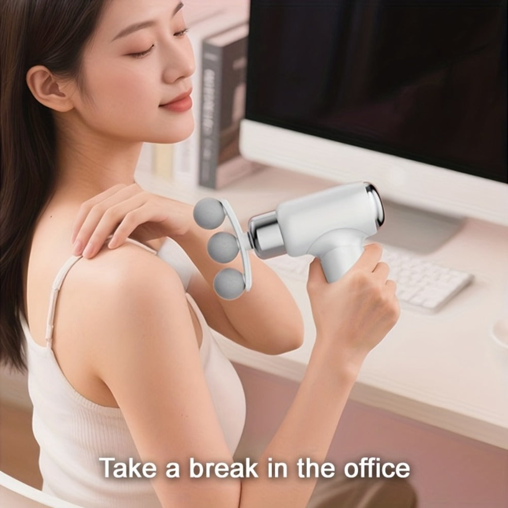 White USB-Rechargeable Massage Gun with Straight-Grip Body and Nine Interchangeable Massage Head Styles
