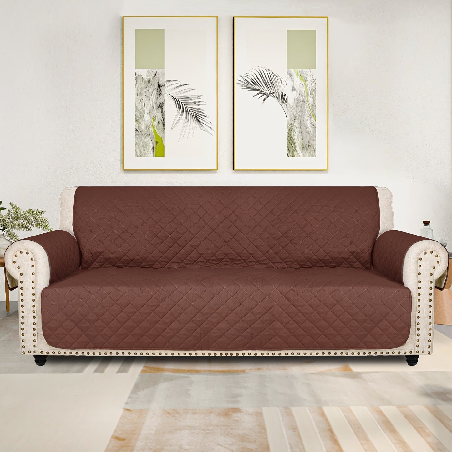 Sofa Cover Five-Layer Quilted Microfiber Protector with Elastic Strap and Foam Anchors for 3 or 4 Seats